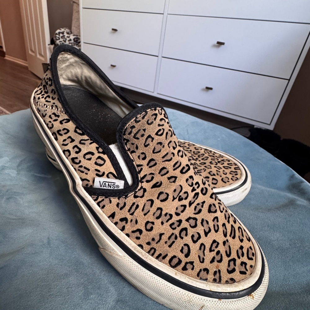 Vans Tan and Black Leopard Slip-Ons